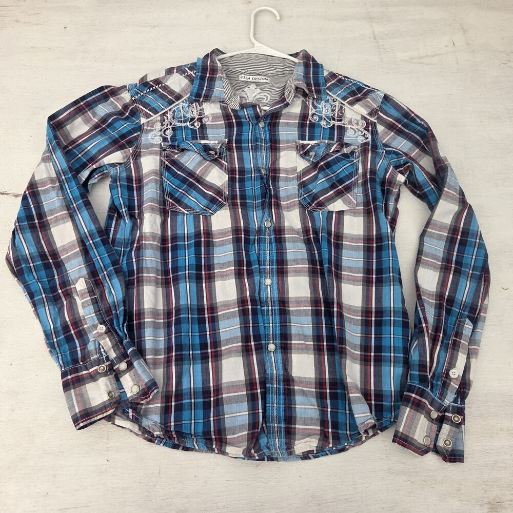 Pila Design Western Pearl Snap Button Up Shirt Mens M Blue Plaid Embroidered